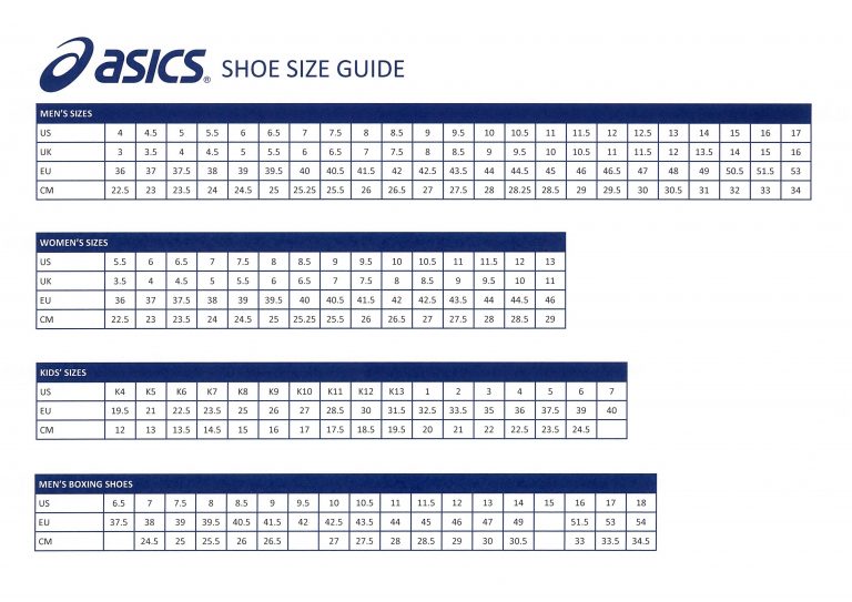 Asics Shoe Size Guide - Giri Martial Arts Supplies