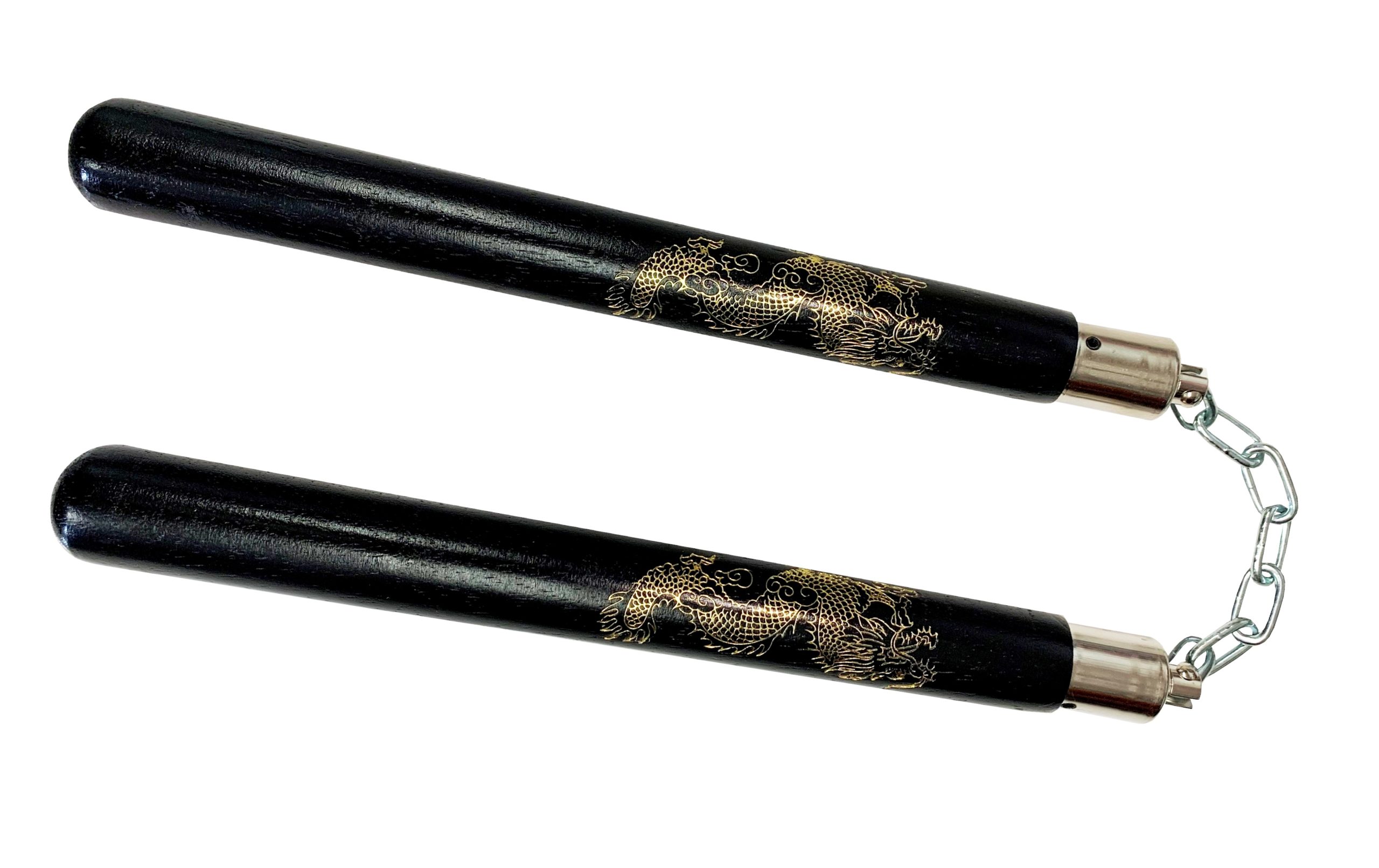 Nunchaku 12" Black with Gold Dragon Picture Giri Martial Arts Supplies