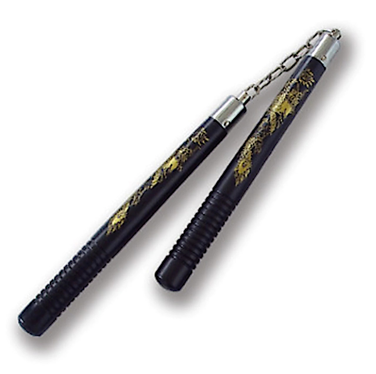 Nunchaku 12" Black with Gold Dragon & Grooved Handle Giri Martial